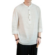 Buddha Stones Half Button Striped Three Quarter Sleeves Linen Men's Shirt Men's Shirts BS 26