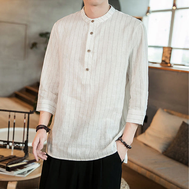 Buddha Stones Half Button Striped Three Quarter Sleeves Linen Men's Shirt Men's Shirts BS White US/UK/AU46，EU56 (5XL)