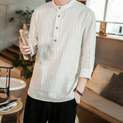 Buddha Stones Half Button Stripe Three Quarter Sleeves Linen Men'shirt