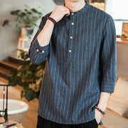 Buddha Stones Half Button Striped Three Quarter Sleeves Linen Men's Shirt Men's Shirts BS 2