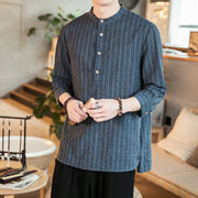 Buddha Stones Half Button Stripe Three Quarter Sleeves Linen Men'shirt