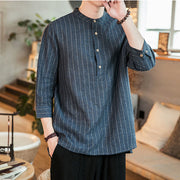 Buddha Stones Half Button Striped Three Quarter Sleeves Linen Men's Shirt Men's Shirts BS 1