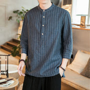 Buddha Stones Half Button Stripe Three Quarter Sleeves Linen Men'shirt