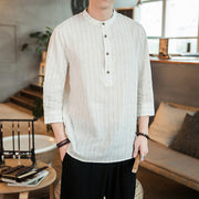 Buddha Stones Half Button Stripe Three Quarter Sleeves Linen Men'shirt