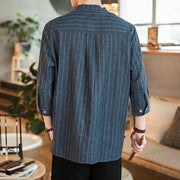 Buddha Stones Half Button Striped Three Quarter Sleeves Linen Men's Shirt Men's Shirts BS 4