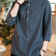 Buddha Stones Half Button Striped Three Quarter Sleeves Linen Men's Shirt Men's Shirts BS 9