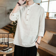 Buddha Stones Half Button Stripe Three Quarter Sleeves Linen Men'shirt