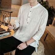 Buddha Stones Half Button Striped Three Quarter Sleeves Linen Men's Shirt Men's Shirts BS 20