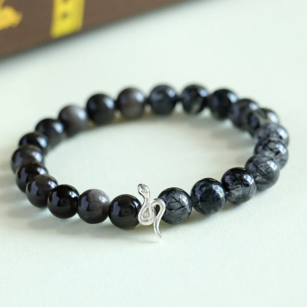 Buddha Stones Natural Sun Stone Super Seven Crystal Silver Sheen Obsidian Rutilated Quartz 925 Sterling Silver Year Of The Snake Positive Bracelet