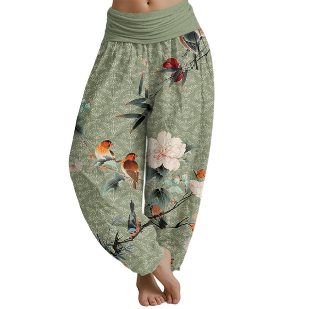 Buddha Stones Warbler Bird Blooming Flower Branches Mandala Pattern Women's Elastic Waist Harem Pants