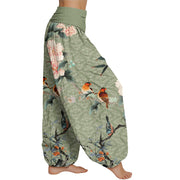 Buddha Stones Warbler Bird Blooming Flower Branches Mandala Pattern Women's Elastic Waist Harem Pants