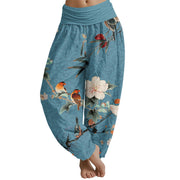 Buddha Stones Warbler Bird Blooming Flower Branches Mandala Pattern Women's Elastic Waist Harem Pants