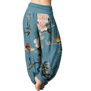 Buddha Stones Warbler Bird Blooming Flower Branches Mandala Pattern Women's Elastic Waist Harem Pants