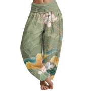 Buddha Stones Lotus Flowers Leaves Pattern Women's Elastic Waist Harem Pants