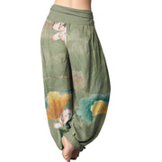 Buddha Stones Lotus Flowers Leaves Pattern Women's Elastic Waist Harem Pants