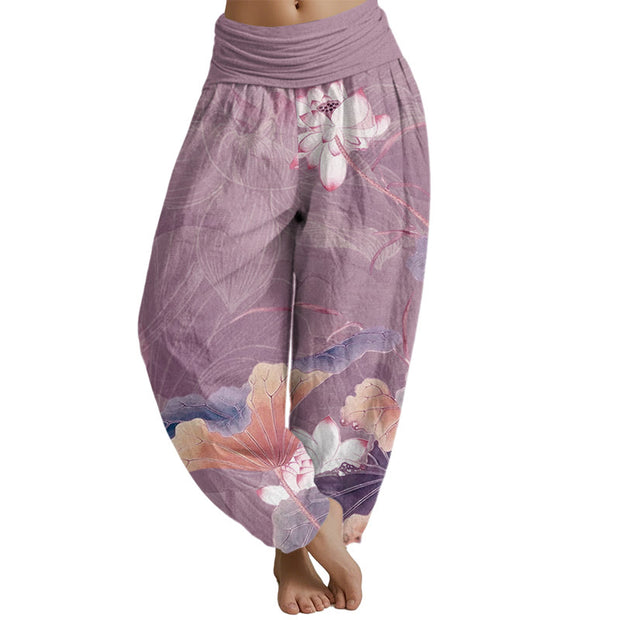 Buddha Stones Lotus Flowers Leaves Pattern Women's Elastic Waist Harem Pants