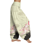 Buddha Stones Pink Lotus Leaves Bird Pattern Women's Elastic Waist Harem Pants