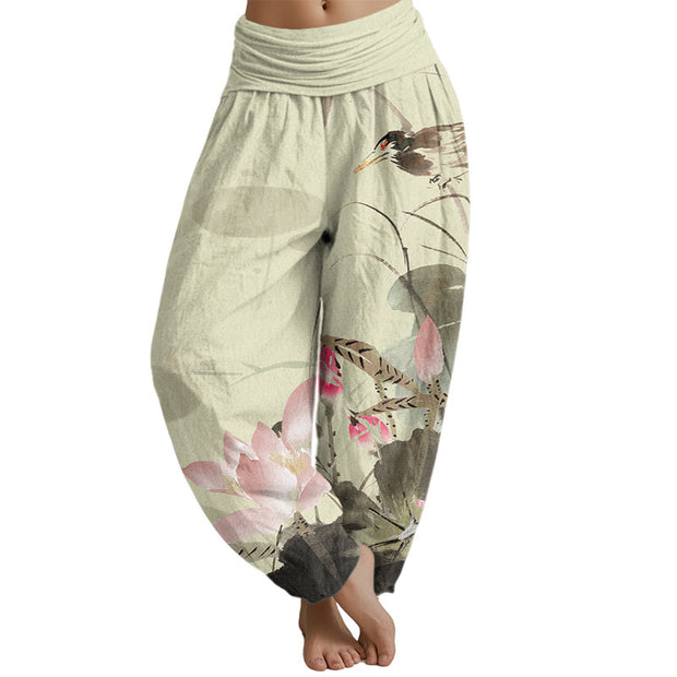 Buddha Stones Pink Lotus Leaves Bird Pattern Women's Elastic Waist Harem Pants