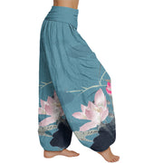 Buddha Stones Pink Lotus Leaves Bird Pattern Women's Elastic Waist Harem Pants