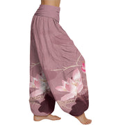 Buddha Stones Pink Lotus Leaves Bird Pattern Women's Elastic Waist Harem Pants