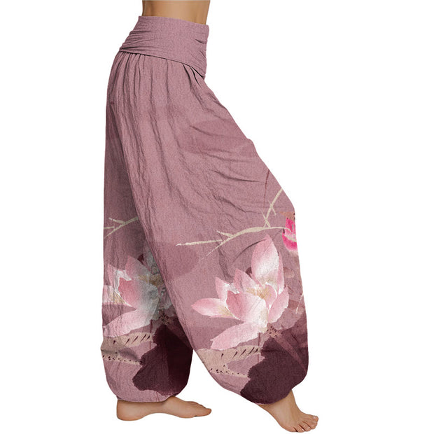 Buddha Stones Pink Lotus Leaves Bird Pattern Women's Elastic Waist Harem Pants