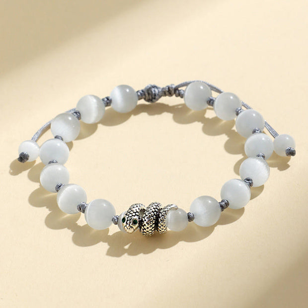 Buddha Stones Black Onyx White Cat's Eye Beads Year Of The Snake Protection Bracelet