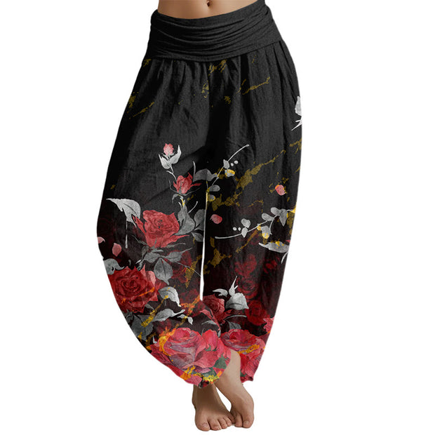 Buddha Stones Blooming Roses Pattern Women's Elastic Waist Harem Pants