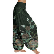 Buddha Stones Blooming Roses Pattern Women's Elastic Waist Harem Pants