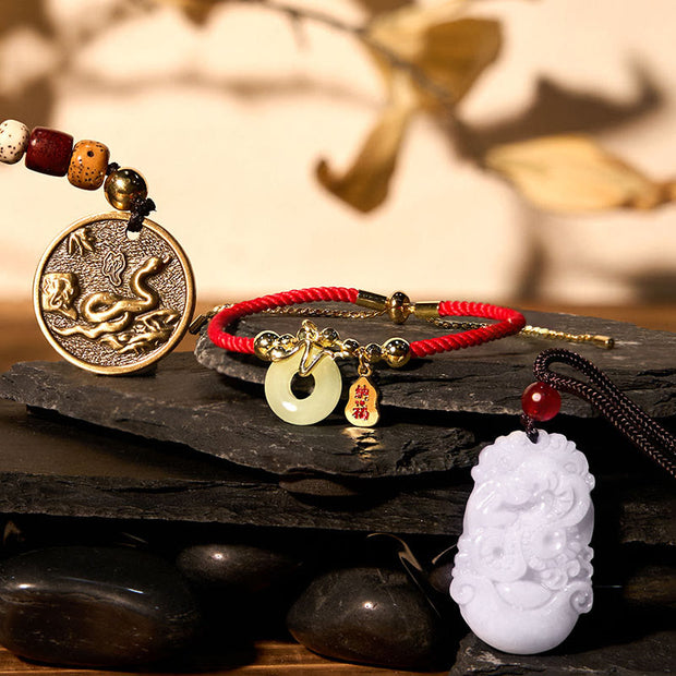 Buddha Stones Lucky The Year of The Snake 2025 Jade Red String Protection Bundle-1