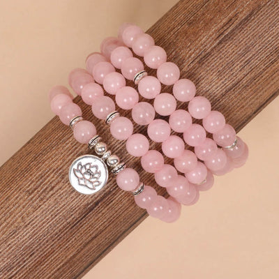 Buddha Stones 108 Mala Beads Natural Stone Rose Quartz Lotus Peace Bracelet