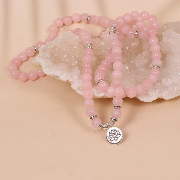 Buddha Stones 108 Mala Beads Natural Stone Rose Quartz Lotus Peace Bracelet