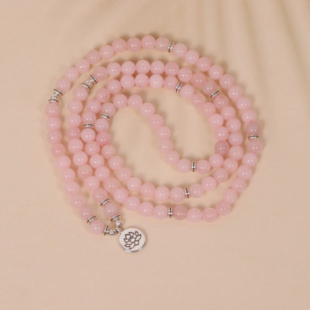 Buddha Stones 108 Mala Beads Natural Stone Rose Quartz Lotus Peace Bracelet