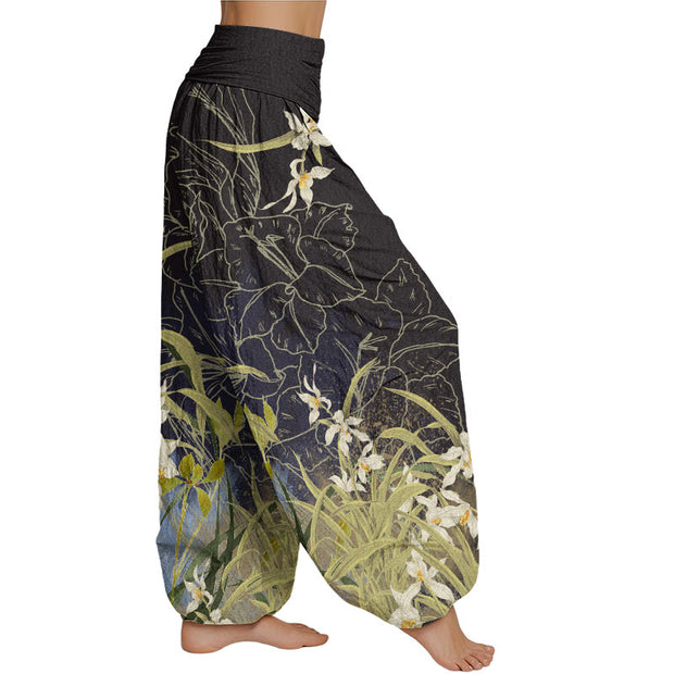 Buddha Stones White Flowers Yellow Green Leaves Grass Pattern Women's Elastic Waist Harem Pants