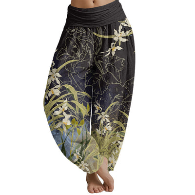 Buddha Stones White Flowers Yellow Green Leaves Grass Pattern Women's Elastic Waist Harem Pants