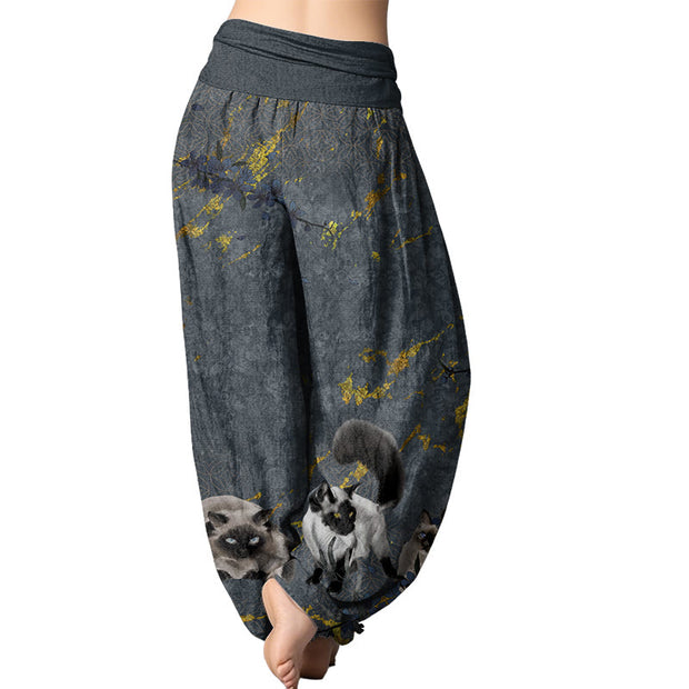 Buddha Stones Siamese Cats Flower Coin Pattern Women's Elastic Waist Harem Pants