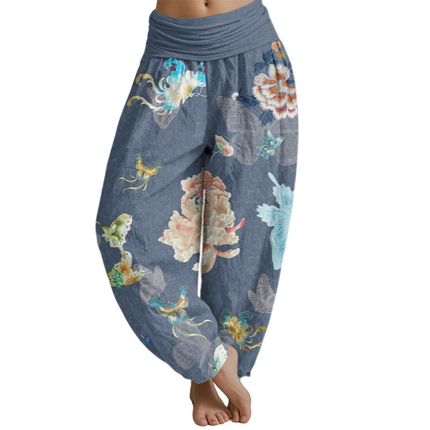 Buddha Stones Chrysanthemums Butterflies Pattern Women's Elastic Waist Harem Pants