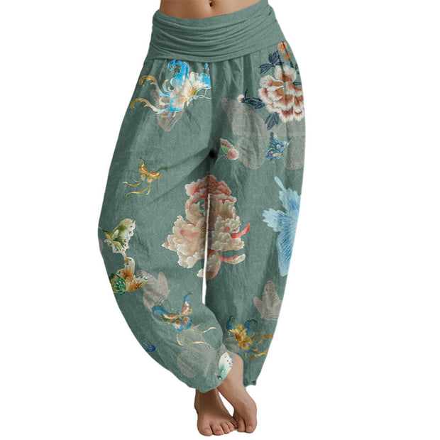 Buddha Stones Chrysanthemums Butterflies Pattern Women's Elastic Waist Harem Pants