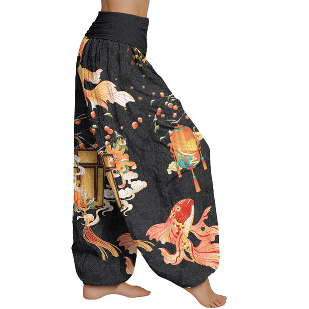 Buddha Stones Koi Fish Lanterns Chrysanthemums Fruit Trees Women's Elastic Waist Harem Pants