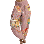 Buddha Stones Koi Fish Lanterns Chrysanthemums Fruit Trees Women's Elastic Waist Harem Pants