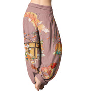 Buddha Stones Koi Fish Lanterns Chrysanthemums Fruit Trees Women's Elastic Waist Harem Pants