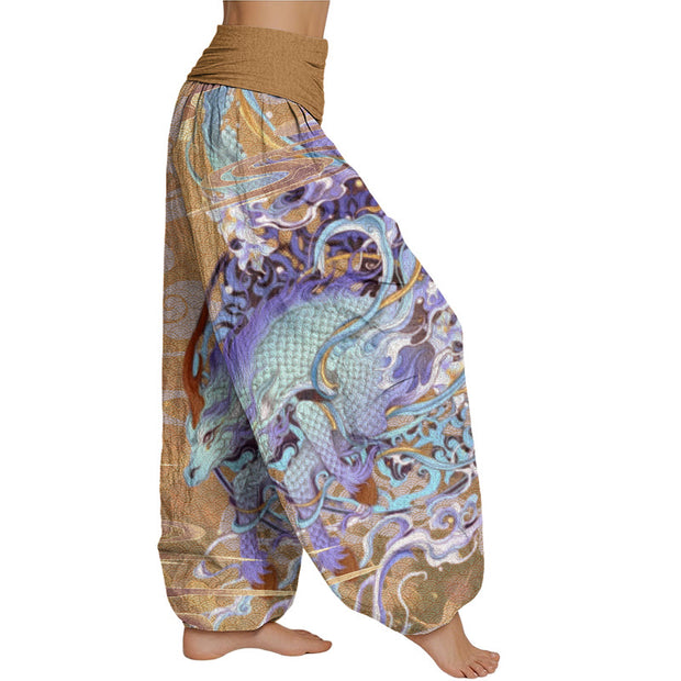 Buddha Stones Dragons Auspicious Clouds Pattern Women's Elastic Waist Harem Pants