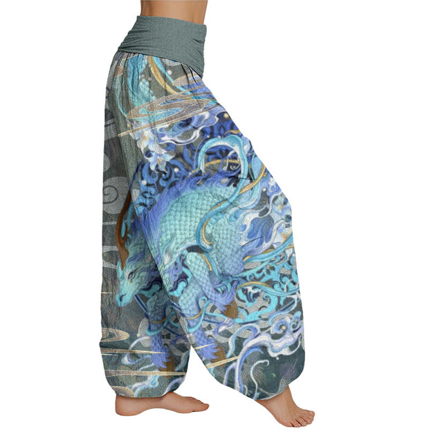 Buddha Stones Dragons Auspicious Clouds Pattern Women's Elastic Waist Harem Pants