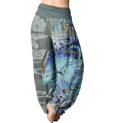 Buddha Stones Dragons Auspicious Clouds Pattern Women's Elastic Waist Harem Pants