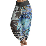 Buddha Stones Dragons Auspicious Clouds Pattern Women's Elastic Waist Harem Pants