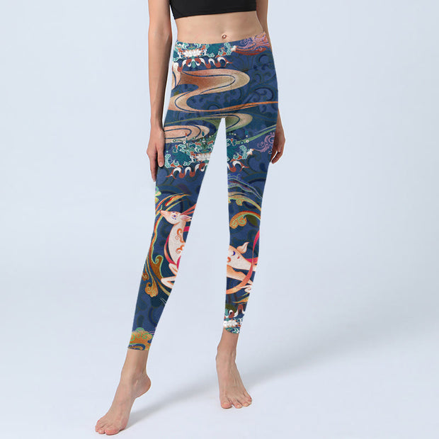 Buddha Stones Deer Auspicious Clouds Lotus Gym Leggings Women's Yoga Pants