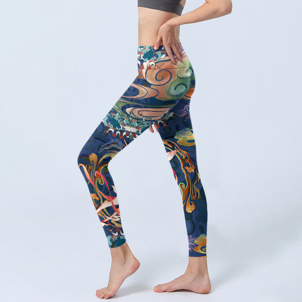 Buddha Stones Deer Auspicious Clouds Lotus Gym Leggings Women's Yoga Pants Leggings BS 2