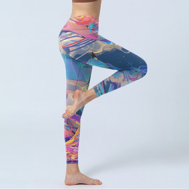 Buddha Stones Whales Swallows Waves Print Gym Leggings Women's Yoga Pants Leggings BS 3