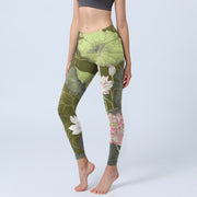 Buddha Stones Lotus Print Gym Leggings Women's Yoga Pants Leggings BS OliveDrab US18，UK/AU22，EU50 (4XL)