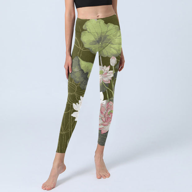 Buddha Stones Lotus Print Gym Leggings Women's Yoga Pants Leggings BS 5