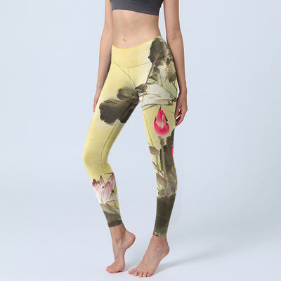 Buddha Stones Pink Blooming And Unbloomed Lotus Print Gym Leggings Women's Yoga Pants